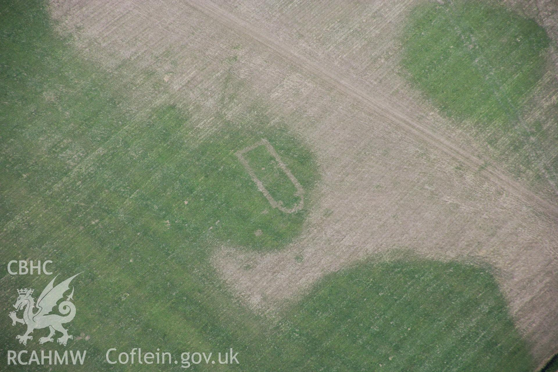 RCAHMW colour oblique aerial photograph of Llwydfaen Medieval Township, site of buried medieval church, view of parched foundations from south-west, taken on 14/08/2006 by Toby Driver.