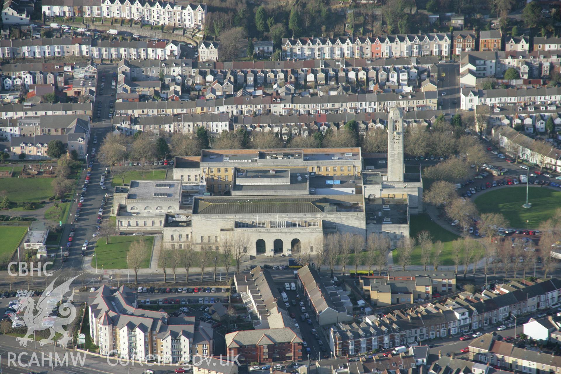RCAHMW colour oblique aerial photograph of Guildhall, Swansea, from the south-east. Taken on 26 January 2006 by Toby Driver.
