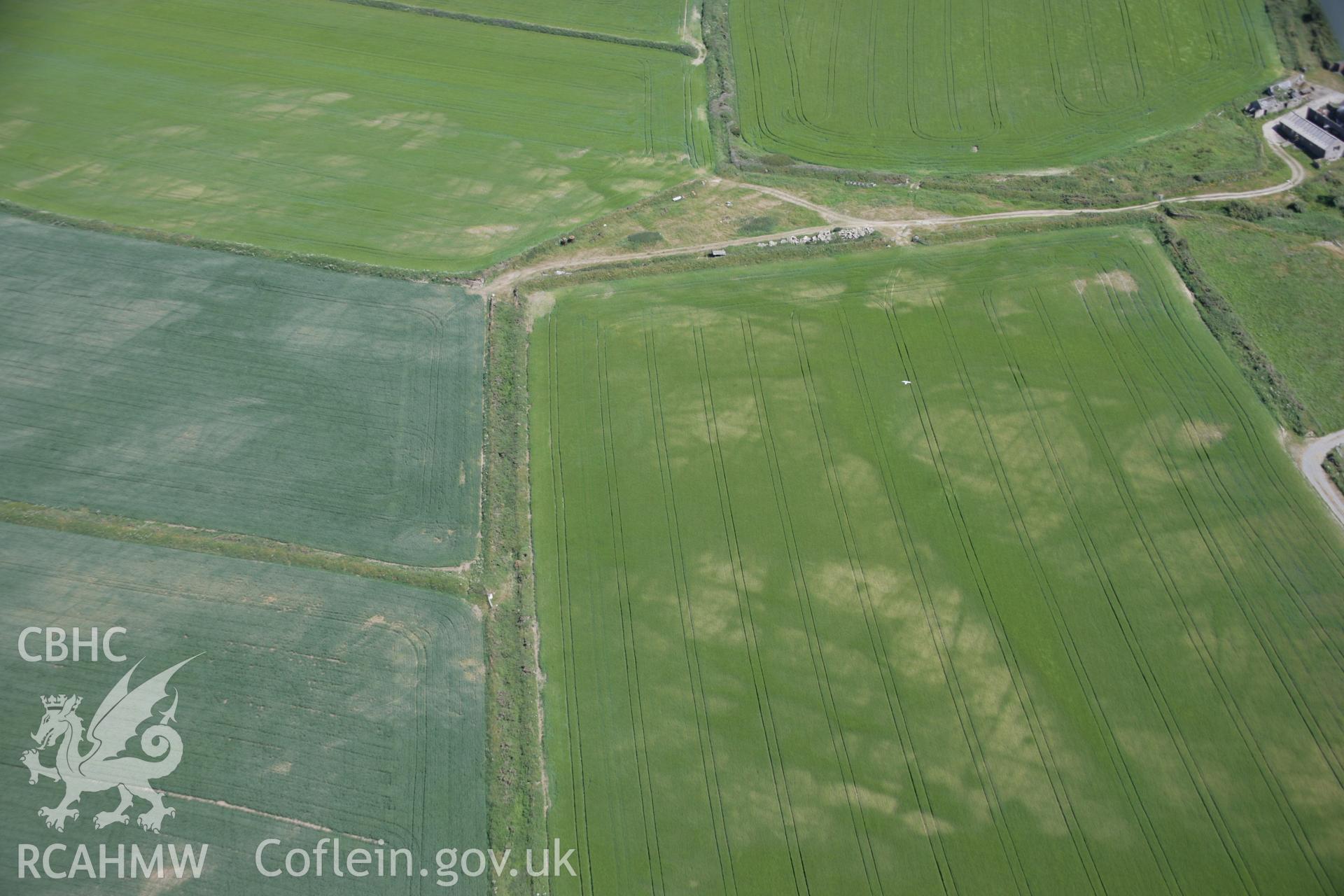 RCAHMW colour oblique aerial photograph of non - archaeological cropmarks, taken for record purposes,  Clyn-yr-ynys farm, viewed from the west. Taken on 23 June 2005 by Toby Driver