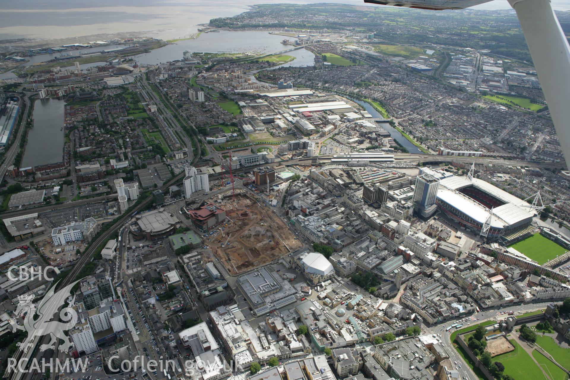 RCAHMW colour oblique aerial photograph of re-development in the centre of Cardiff. Taken on 30 July 2007 by Toby Driver