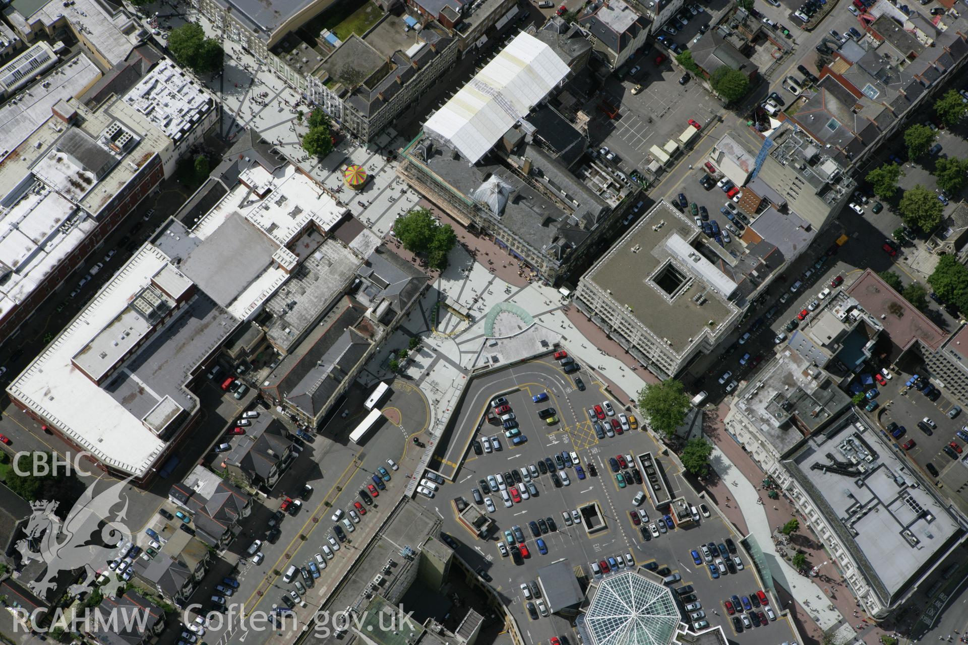 RCAHMW colour oblique aerial photograph of Cardiff. The city centre with Queen Street and the Capitol Shopping Centre. Taken on 30 July 2007 by Toby Driver