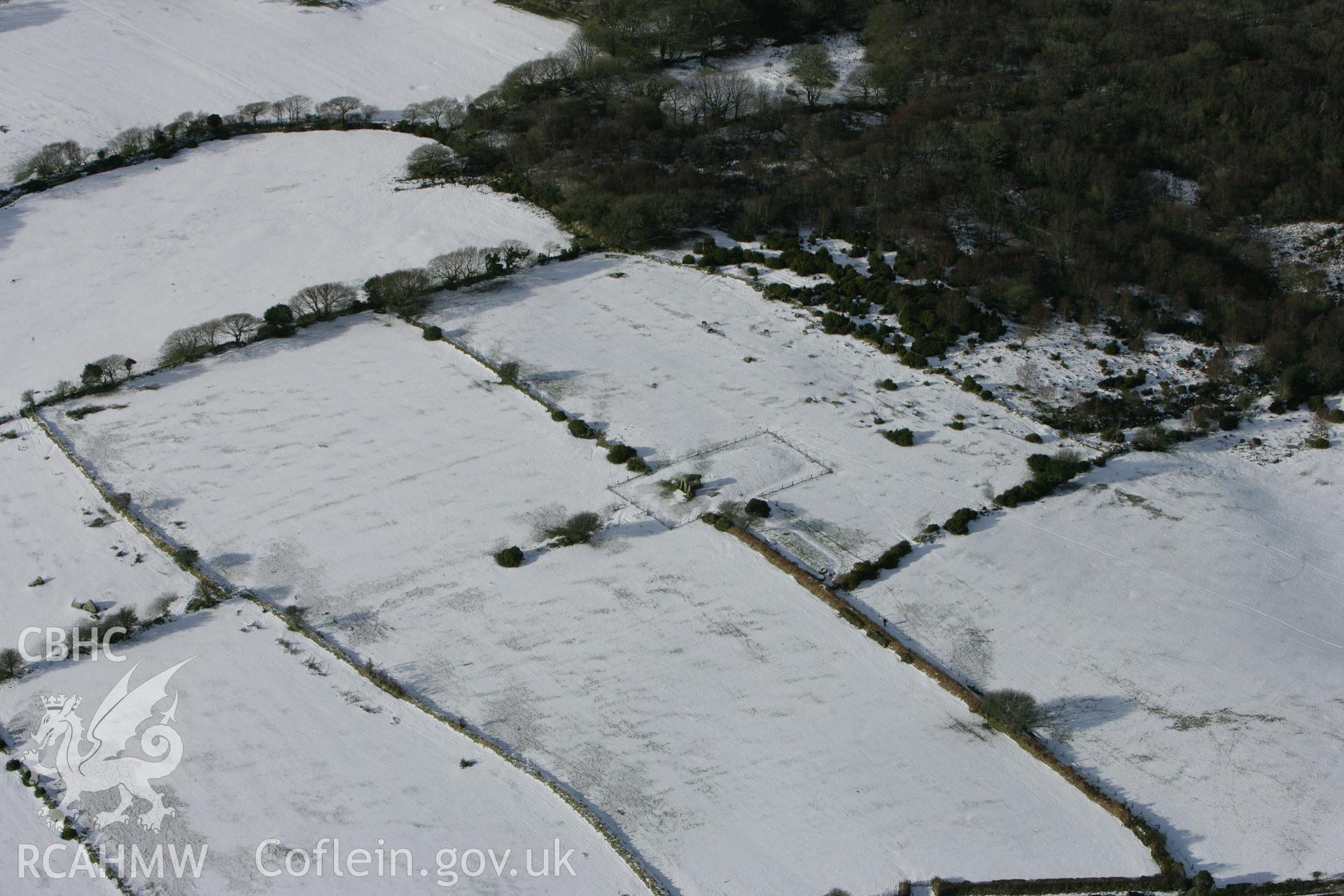 RCAHMW colour oblique photograph of Pentre Ifan chambered tomb, under snow. Taken by Toby Driver on 06/02/2009.