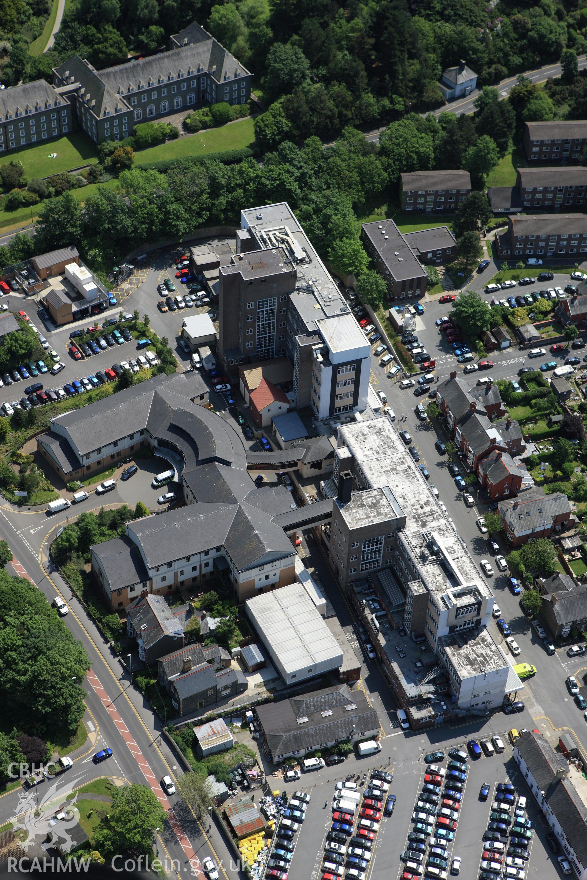 RCAHMW colour oblique aerial photograph of Bronglais Hospital. Taken on 02 June 2009 by Toby Driver